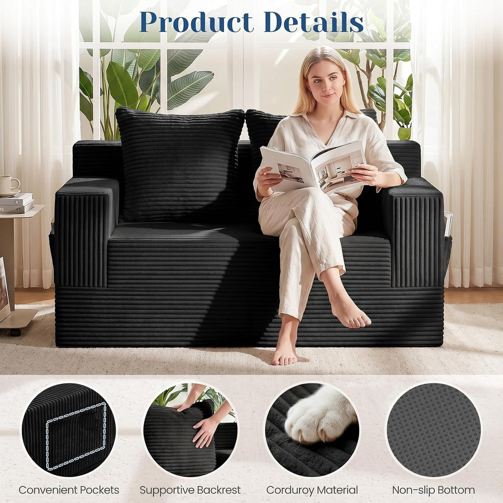 Convertible Sofa Bed,Small Couch & Loveseat,Pull Out Couch Bed for Small Spaces,Premium Luxe Corduroy Folding Floor Futon Sleeper with Side Pocket & 2 Pillows, No Assembly Required