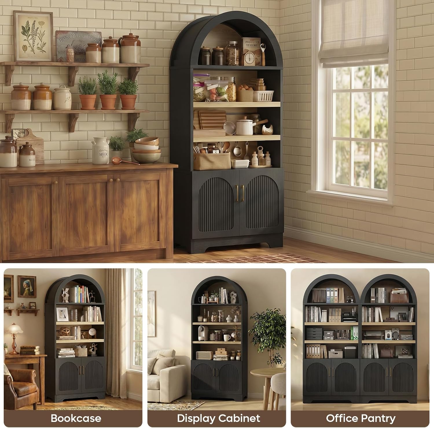 Bestier 71" Tall Arched Kitchen Pantry, Arched Cabinet with Doors, Modern Farmhouse Wood Kitchen Storage Cabinets with 3-Tier Adjustable Shelves, Cupboard for Living Room, Dining Room, Kitchen, Black