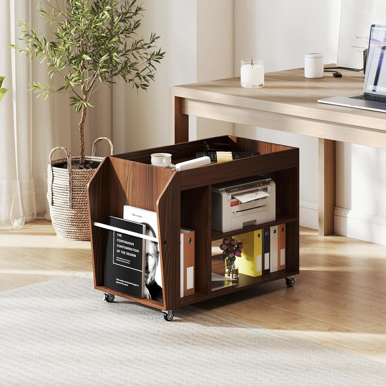 Giantex Rolling End Table with Storage, 3-Tier Side Table with Magazine Rack & Open Shelves, 4 Universal Wheels, Farmhouse Mobile Lateral Filing Cabinet for Study Living Room Bedroom