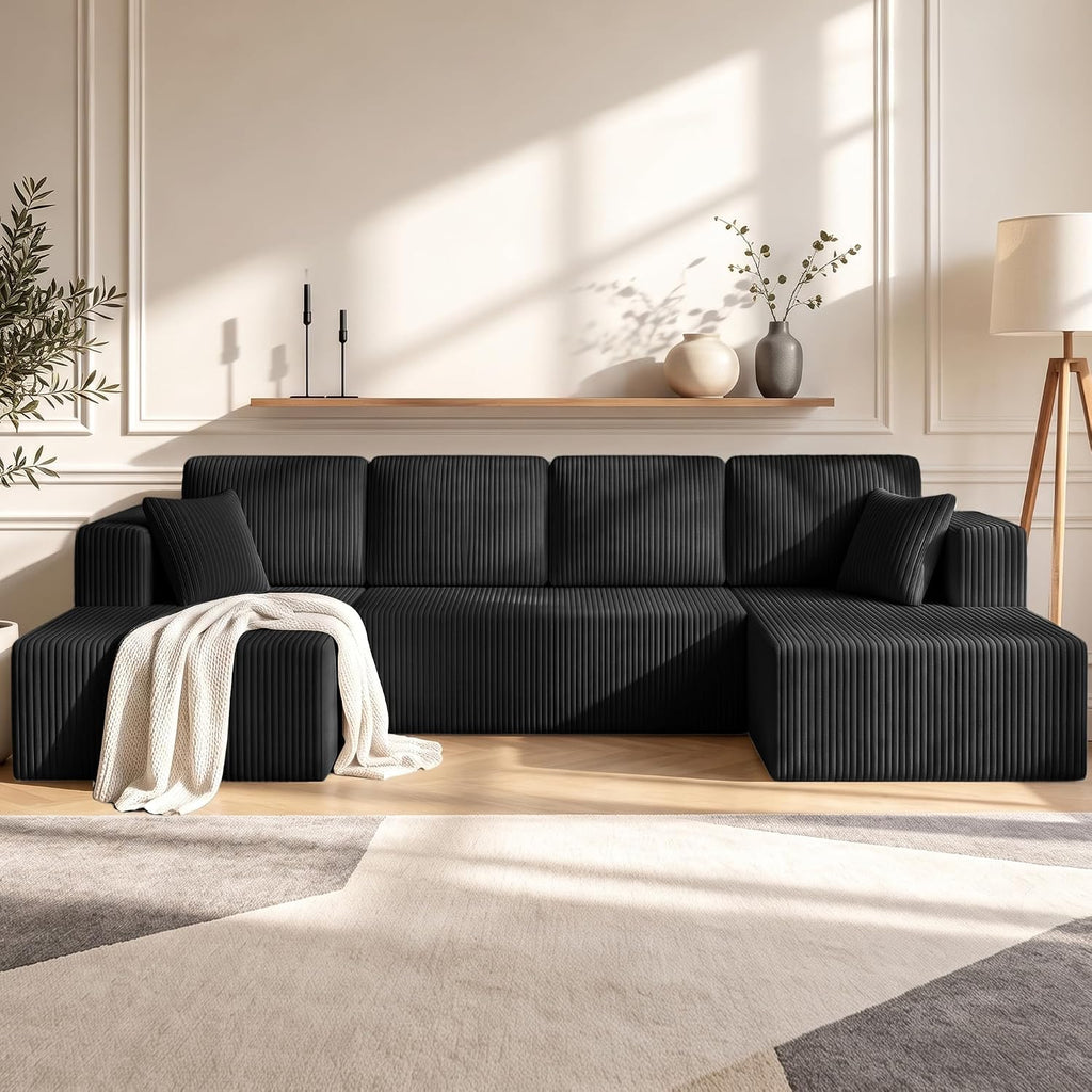 130" Couch U-Shaped Sectional Sofa, Black | Corduroy Cloud Couch with Double Chaise, 30D Memory Foam, Compressed Sofa for Living Room, No Assembly Required
