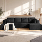 130" Couch U-Shaped Sectional Sofa, Black | Corduroy Cloud Couch with Double Chaise, 30D Memory Foam, Compressed Sofa for Living Room, No Assembly Required