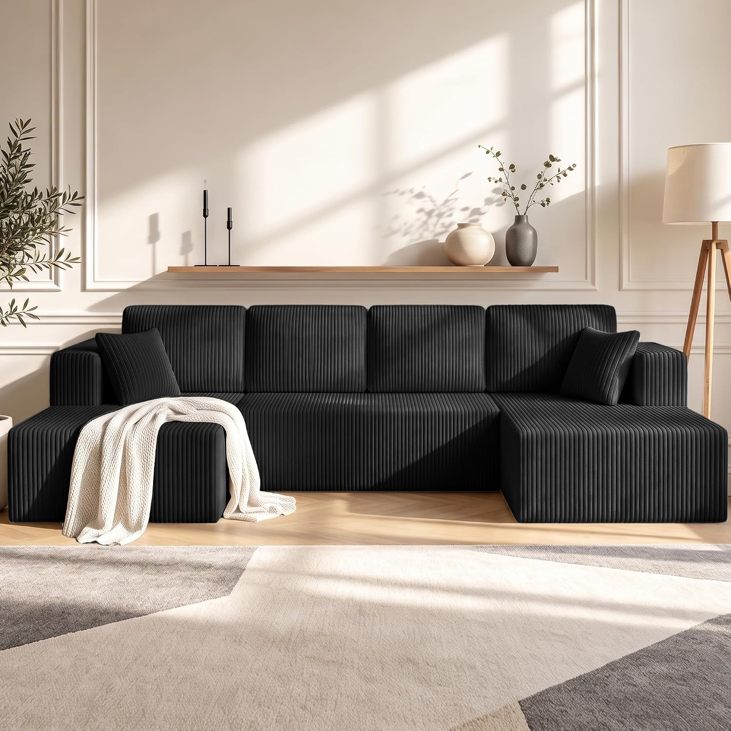 130" Couch U-Shaped Sectional Sofa, Black | Corduroy Cloud Couch with Double Chaise, 30D Memory Foam, Compressed Sofa for Living Room, No Assembly Required