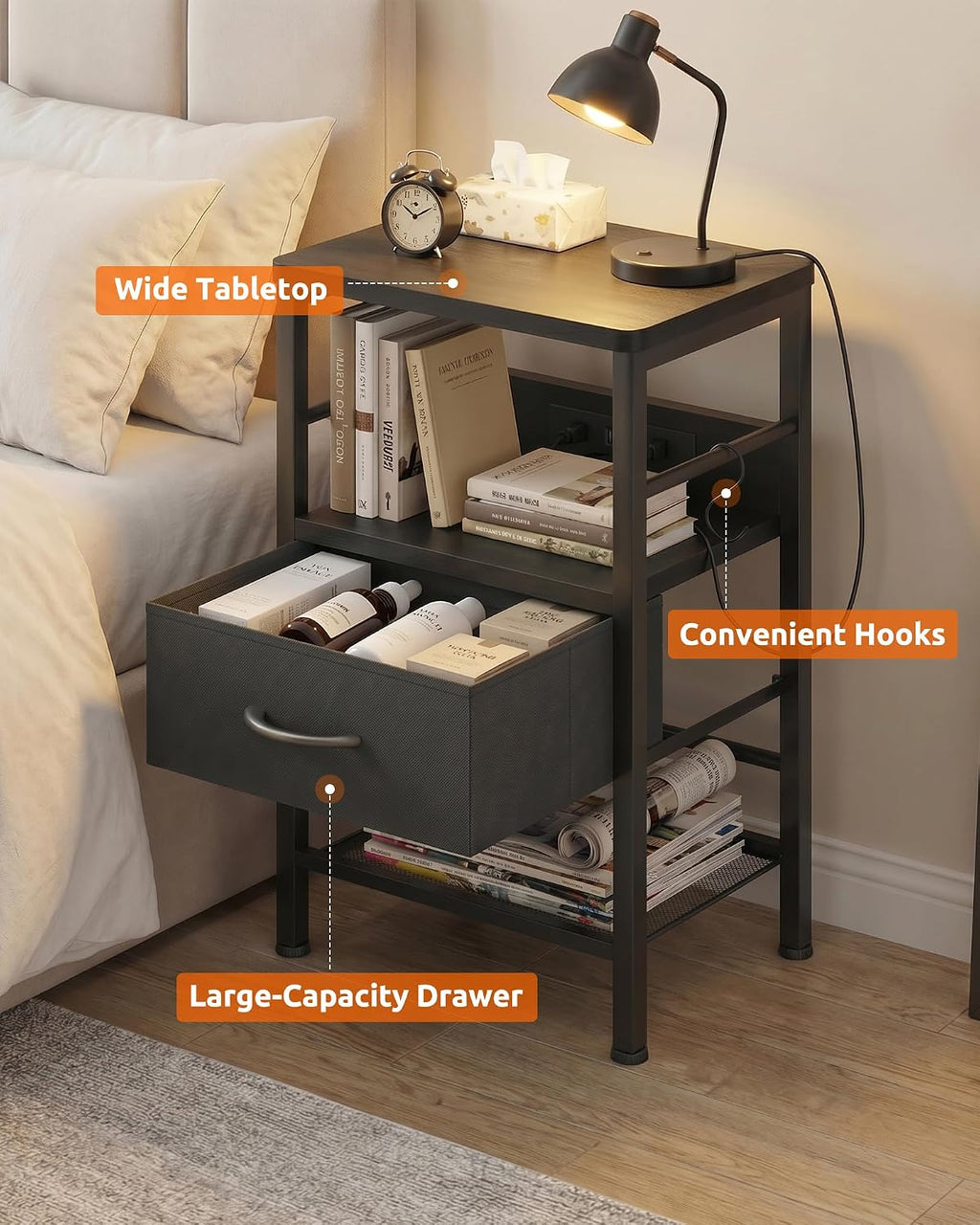 Lazzanto Nightstands Set of 2 with Charging Station, Black Night Stand | 1 Fabric Drawer, Open Shelf, Hooks, USB-C USB-A Port AC Outlets, Bedroom, Living Room, Dorm, 2-pack