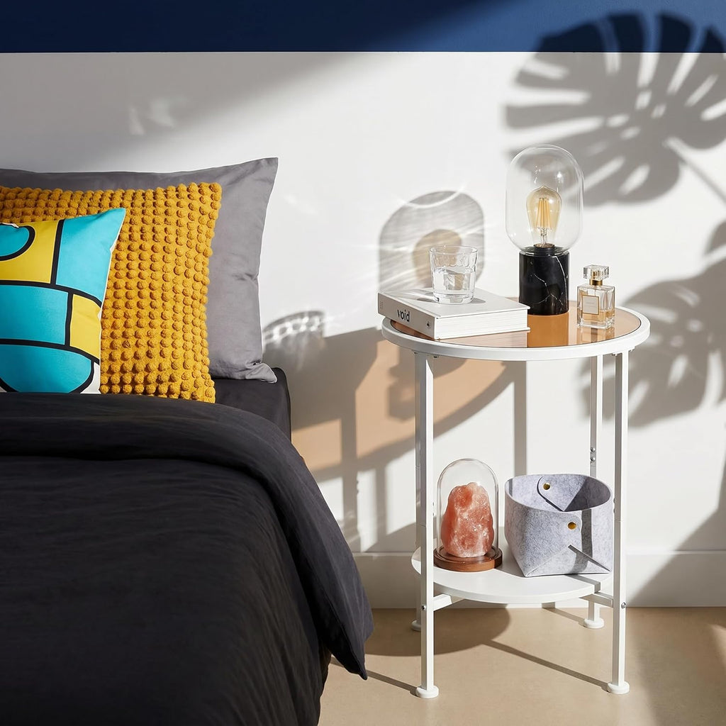 2 Tier Round Side Table with Tempered Amber Glass Top, White Metal End Table for Small Spaces, Bedroom, Living Room,Cute Retro Aesthetic Nightstand, Modern Vibe Accent Table for Plant & Decor