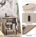 Bonzy Home Round Nightstand with Storage, Fluted Side Table with Charging Station, Mid Century Modern Bedside Table, End Table with Sliding Door for Living Room, Bedroom, Small Spaces, Oak