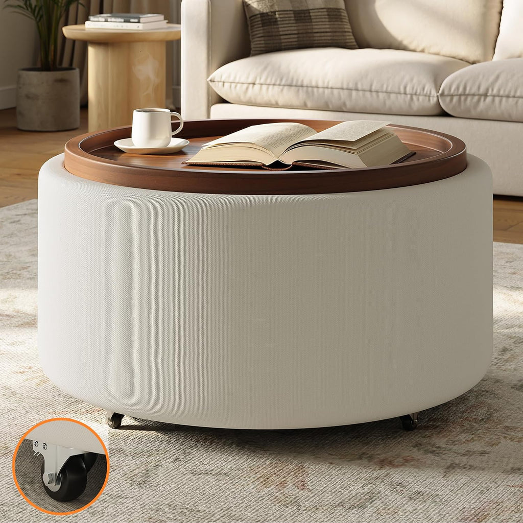 Round Storage Ottoman Coffee Table with Walnut Tray, 30'' Round Ottoman with Storage, Modern Upholstered Coffee Table with with 4 Casters for Living Room, Linen Fabric, Beige