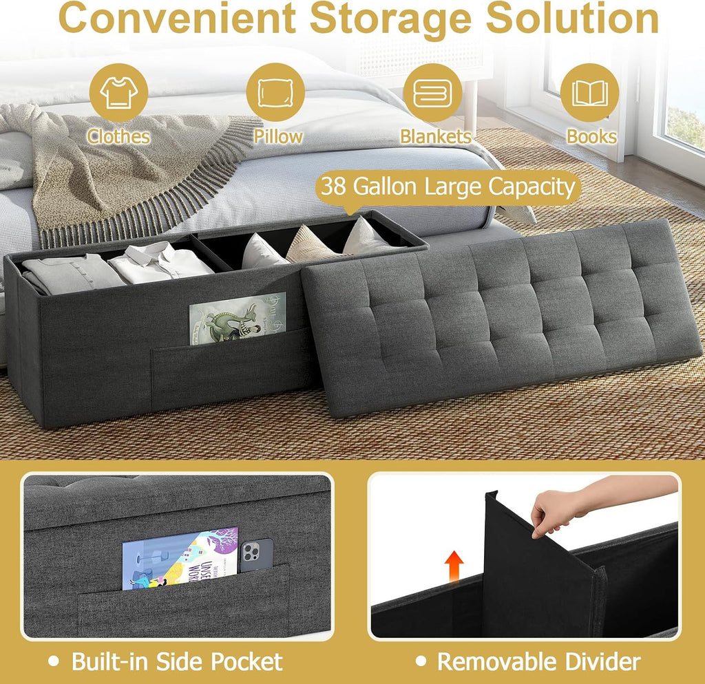 43" Folding Storage Ottoman Bench, End of Bed Foot Rest Stool with Removable Divider & Side Pocket, Storage Chest for Entryway, Living Room, Bedroom, 660 lbs Weight Capacity (Dark Grey)