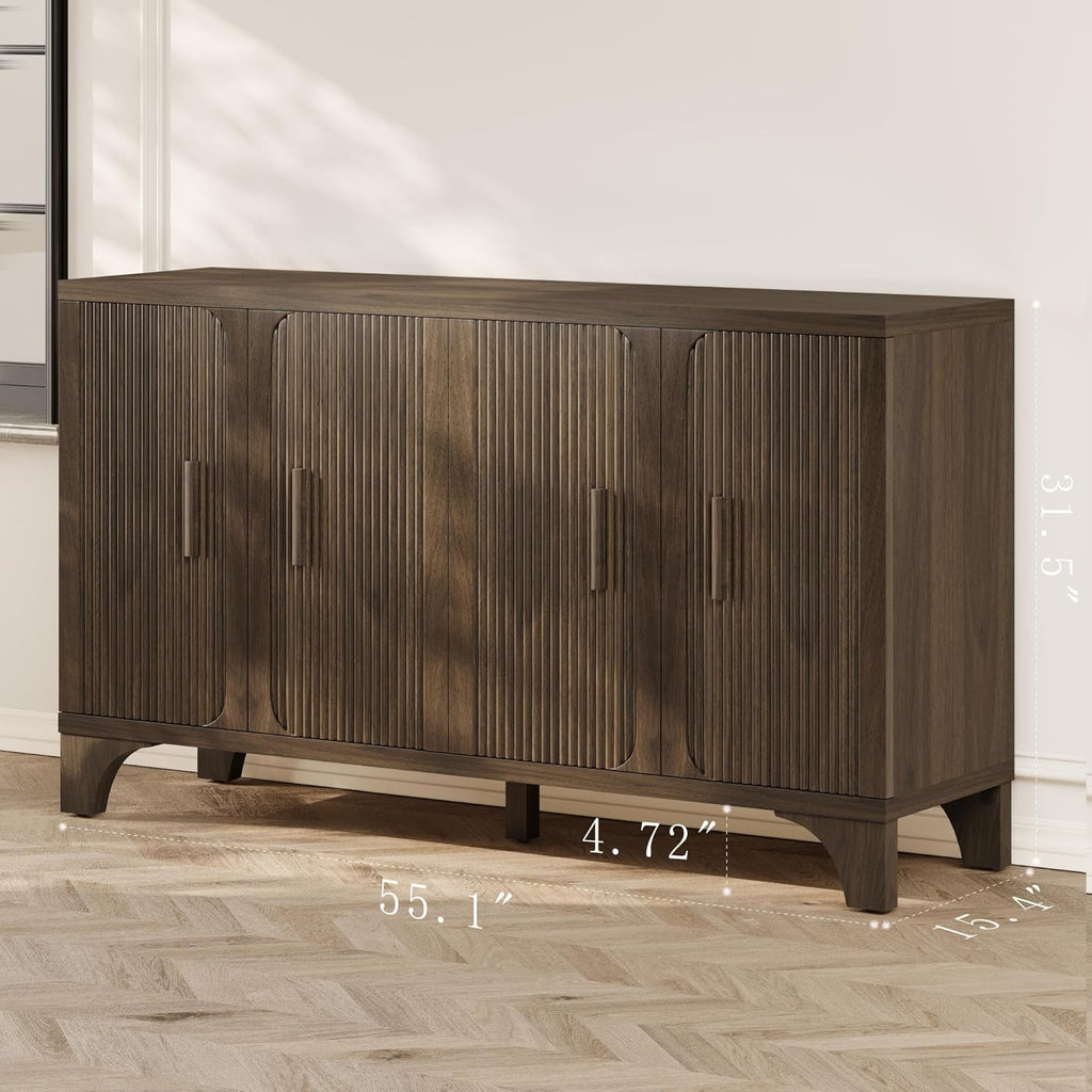 Mid Century Modern Fluted Buffet Cabinet with Storage, Accent Sideboard and Credenza Storage Cabinet with Doors, Wood Coffee Bar Console for Kitchen, Living Room (Dark Brown, 55" 4-Door)