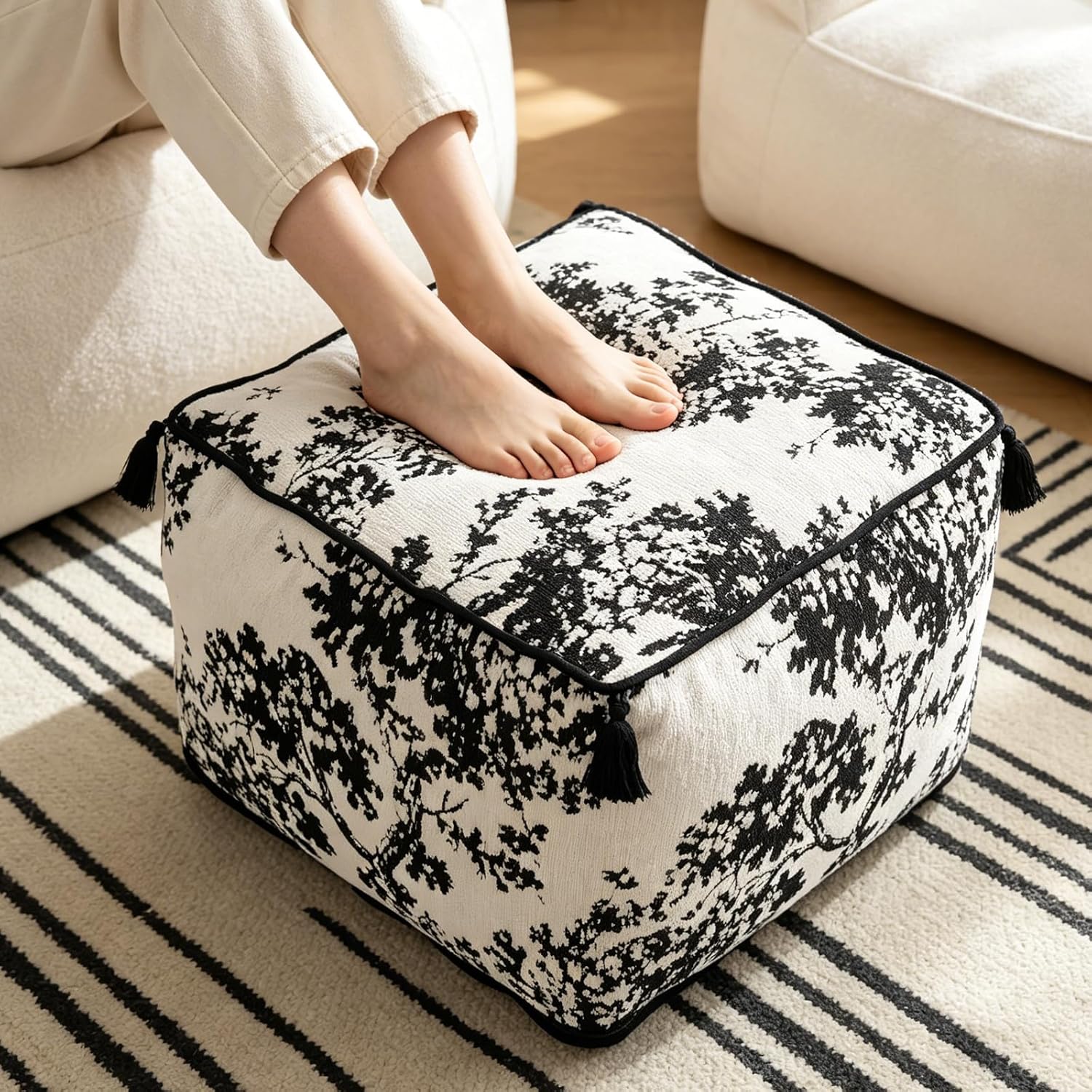 Chenille Square Pouf Ottoman - Foot Stool for Living Room & Bedroom | Soft ottoman with tassels. Removable cover. High-resilience foam. Flannelette base. Tree decor. Step for dogs. 19.7x11.8in