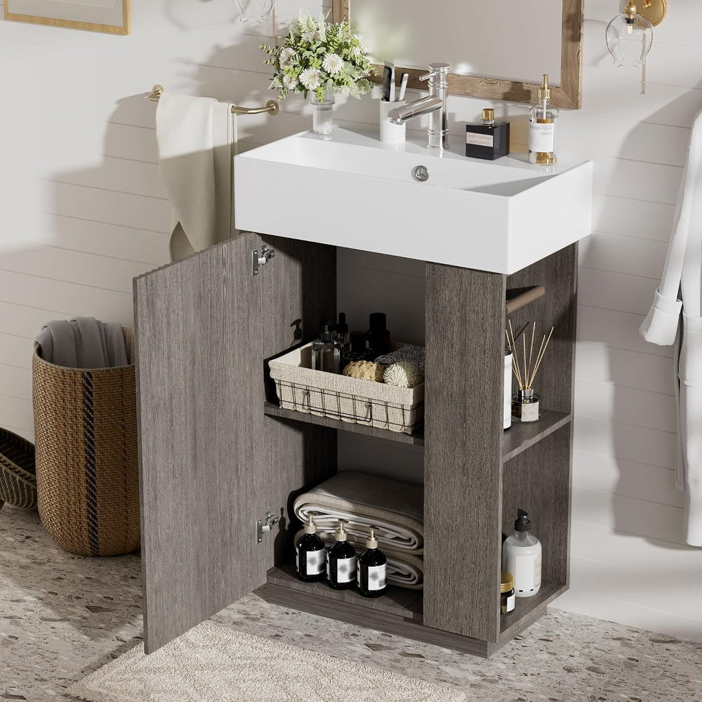 JIVOIT Bathroom Vanity with Ceramic Sink, 21.6" Bathroom Cabinet with Open and Closed Storage, a Tissue Holder, Side Storage, Modern Left Door Wood Grain Cabinet for Small Space