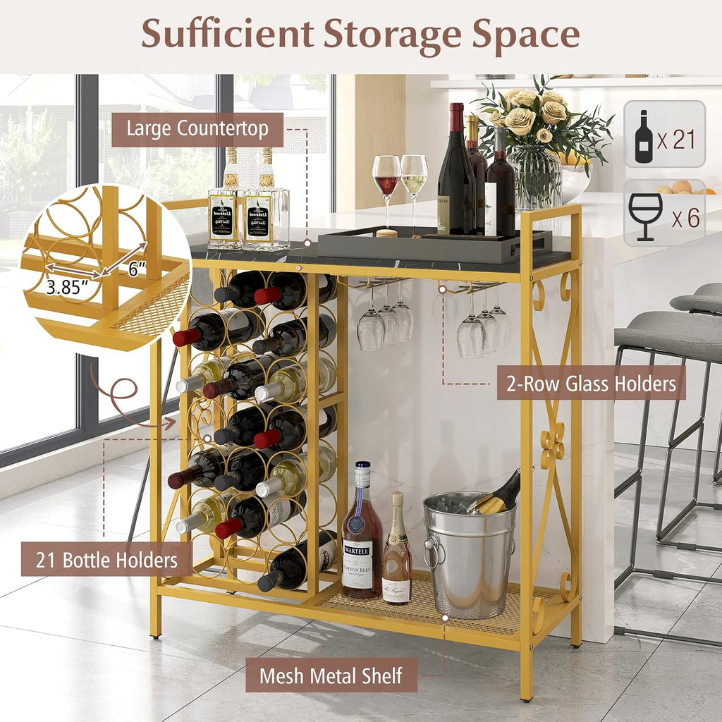 GOFLAME 21 Bottle Wine Rack, Freestanding Floor Wine Bottle Organizer w/Glass Holder & Wooden Countertop, Metal Frame Rustic Liquor Stand with Storage Shelf for Kitchen, Dining Room (Golden & Black)