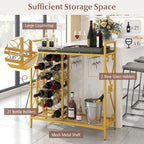 GOFLAME 21 Bottle Wine Rack, Freestanding Floor Wine Bottle Organizer w/Glass Holder & Wooden Countertop, Metal Frame Rustic Liquor Stand with Storage Shelf for Kitchen, Dining Room (Golden & Black)