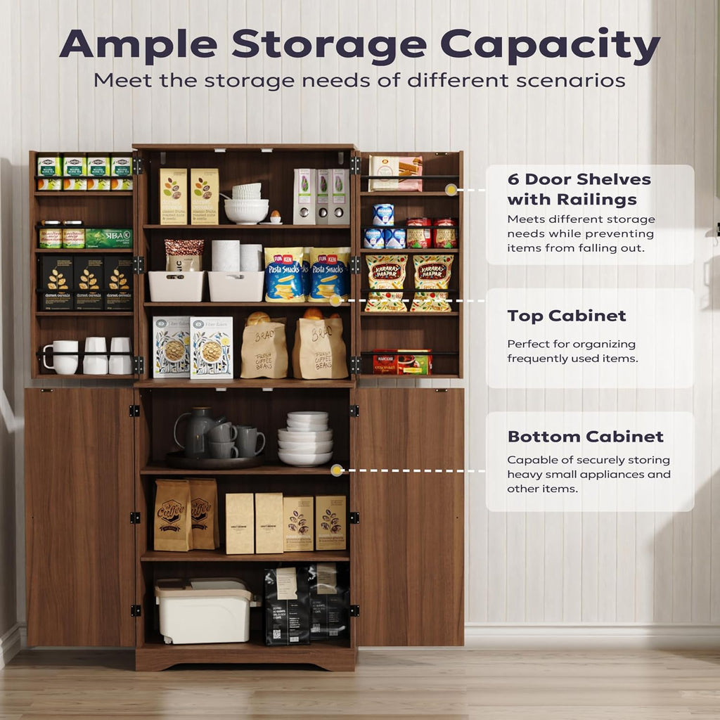 Furnify 72" Tall Kitchen Pantry, Farmhouse Pantry Storage Cabinet with Doors Organizer, Freestanding Cupboard with Adjustable Shelves, Rustic Buffet Cabinet for Kitchen, Dining Room, Bathroom, Walnut