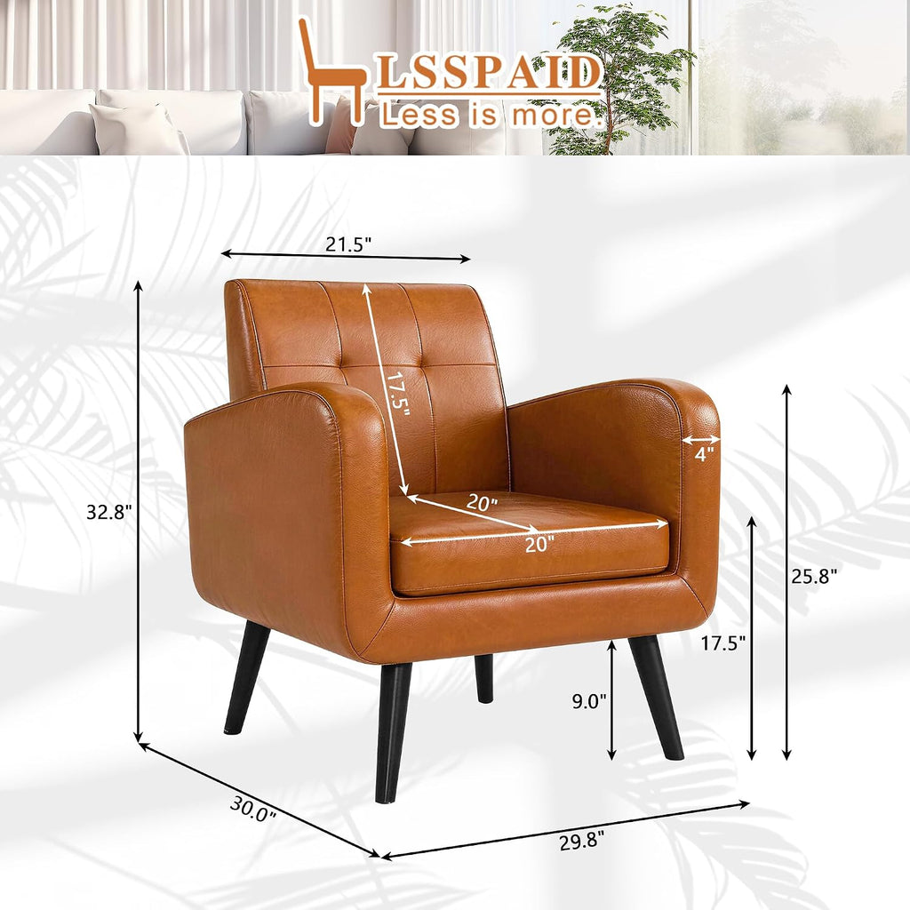 LSSPAID Accent Chair, Modern PU Leather Living Room Chairs, Comfy Upholstered Armchairs Single Sofa Chair with Solid Wood Legs for Apartment, Office, Brown