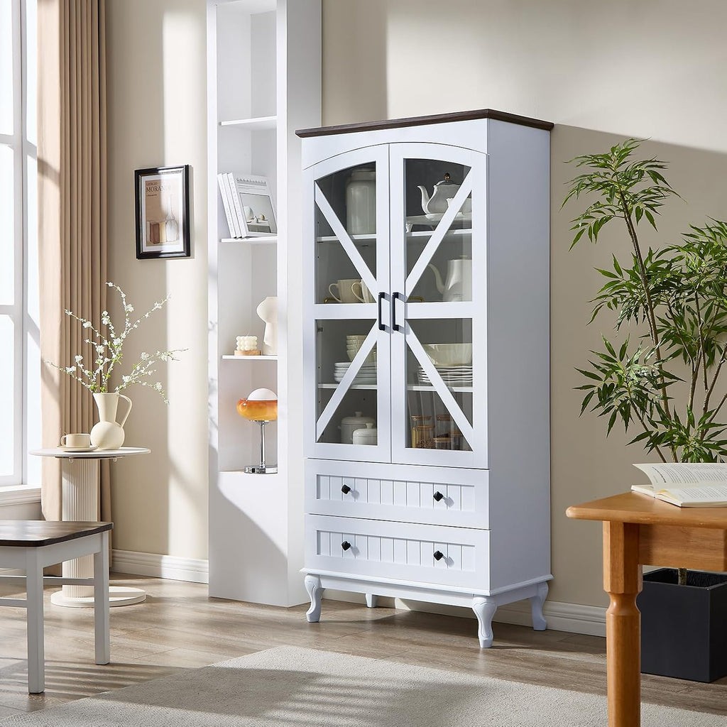 72" Tall Pantry Cabinet, Wood Arched Kitchen Pantry Storage Cabinets with 2 Glass Door and Adjustable Shelves, White Farmhouse Buffet Cupboard for Kitchen, Dining Room, Living Room and Bathroom