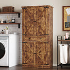 BORNOON Pantry Organizers and Storage Cabinet, 67.71” Barn Door White Kitchen Cabinet with Drawers and Adjustable Shelf, Tall Pantry for Kitchen, Dining Room, Living Room
