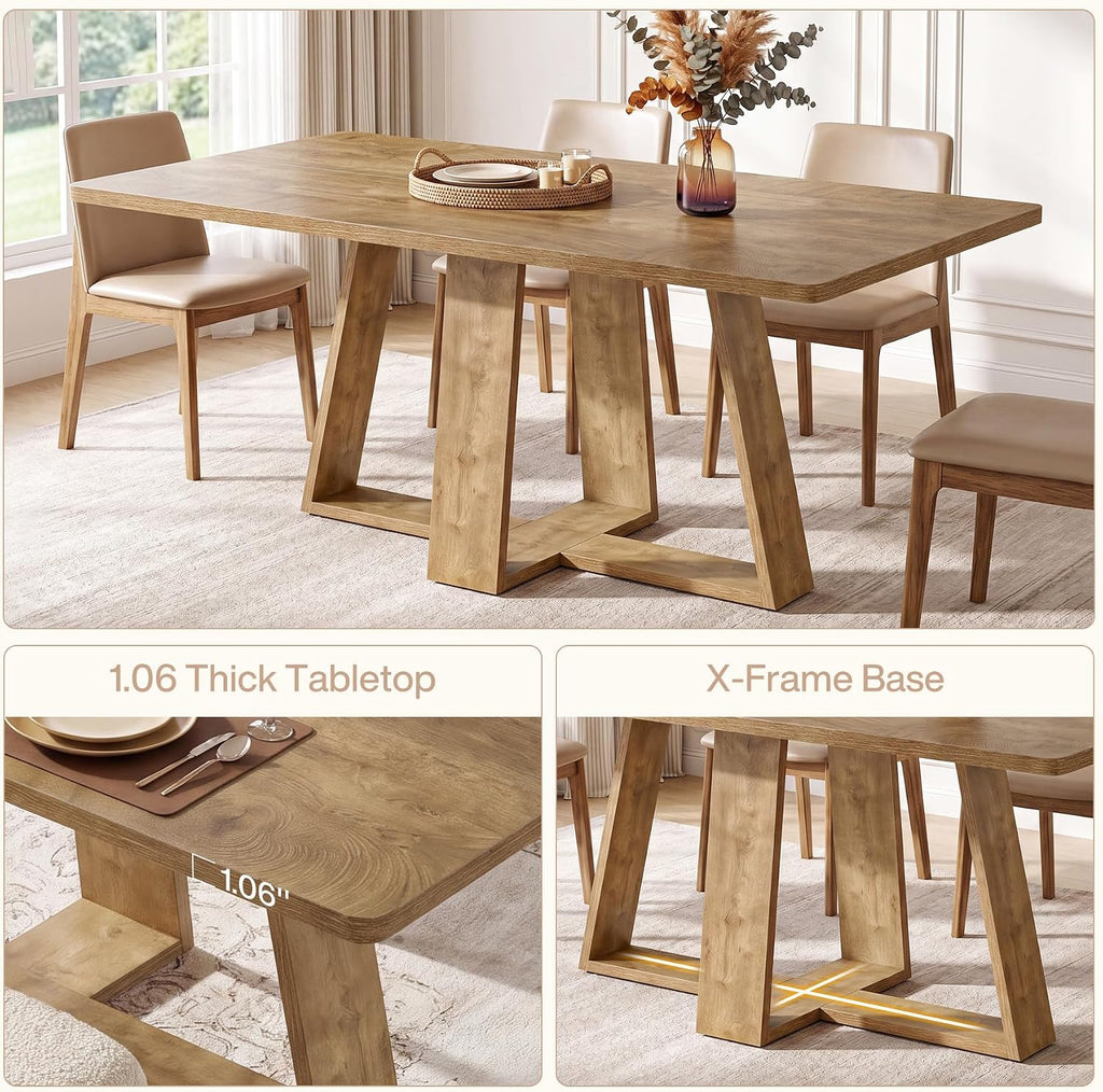 Tribesigns 63-Inch Dining Table, Farmhouse Kitchen Table with Wooden Pedestal, Rectangle Dinner Table for Kitchen, Dining Room, Small Space, Rustic Brown, Capacity 4-6