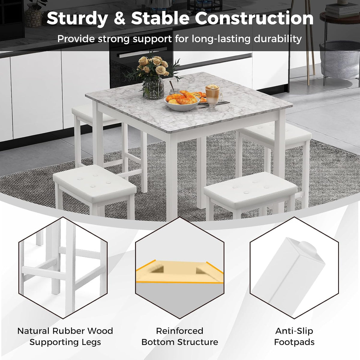 Tangkula 5-Piece Counter-Height Bar Table Set, Faux Marble Square Table & 4 PVC Leather Bar Stools w/Rubber Wood Legs, Modern Dining Set for Kitchen, Breakfast Nook & Small Spaces (White)