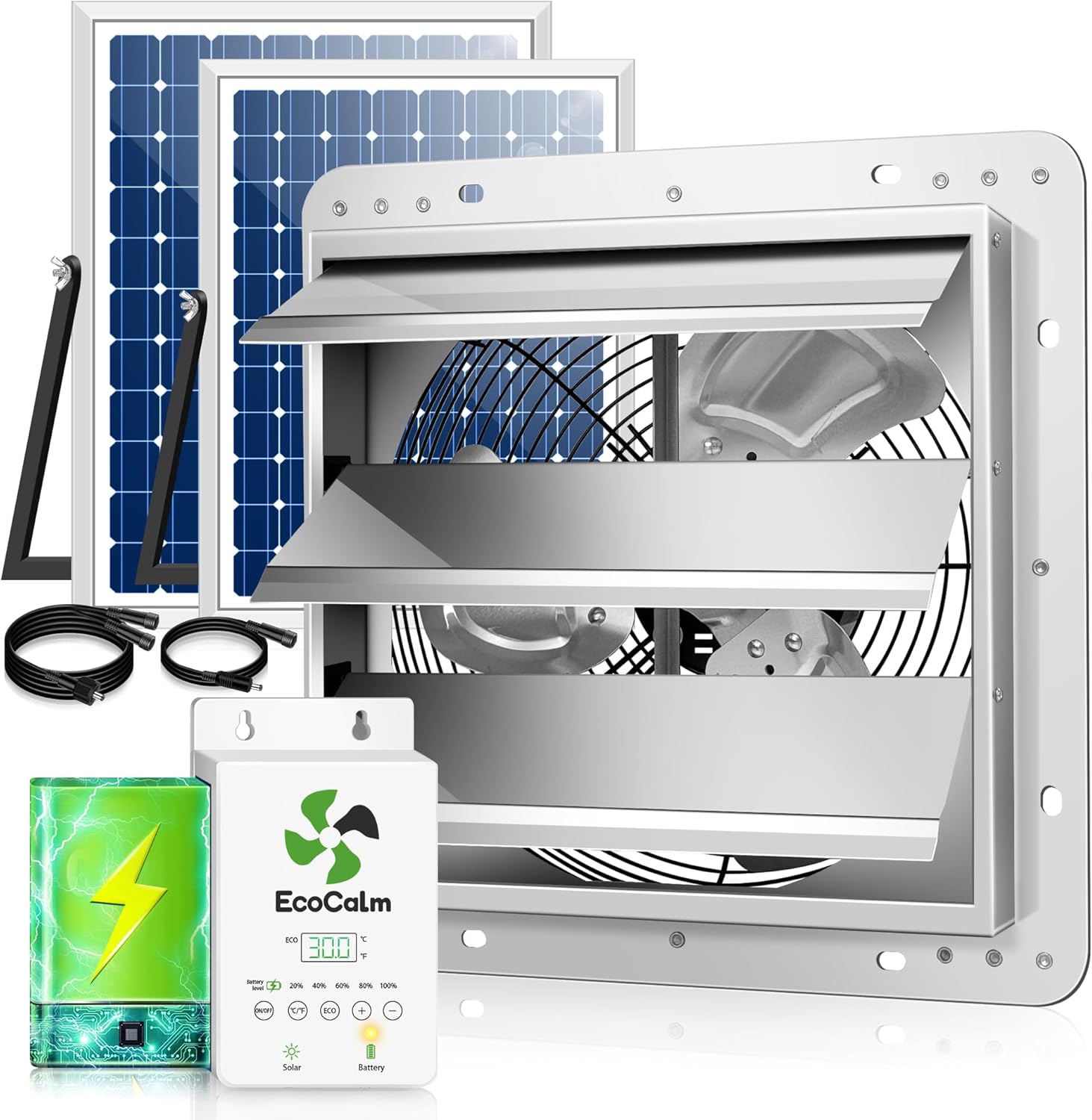 14" Solar Exhaust Fan for Greenhouse with Battery and Adjustable Thermostat, Attic Fans for Garage and Shed with 2PCS 30W Bifacial Solar Panels