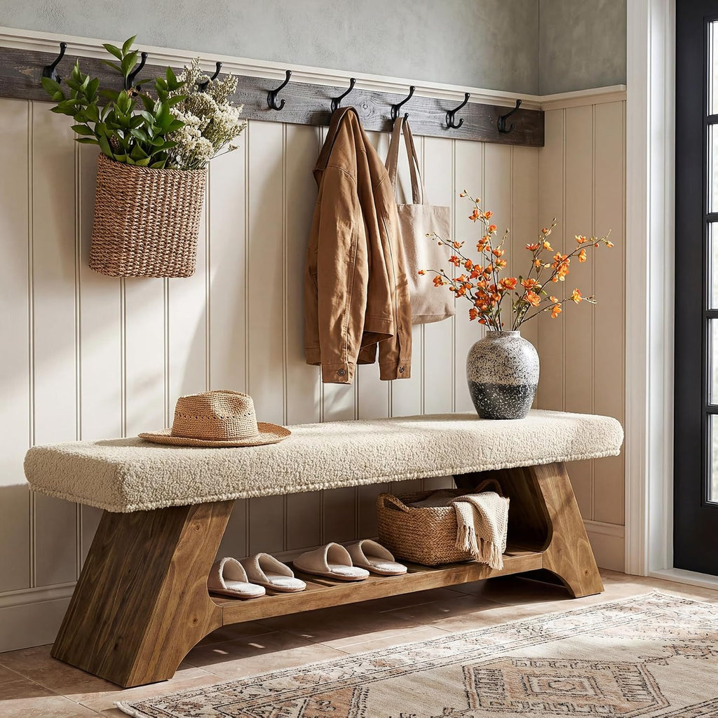 Tribesigns 55" Solid Wood Bench with Cushion and Shoe Storage, 2-Tier Upholstered Entryway Bench Farmhouse Entry Way Bench for Bedroom, Hallway, Natural Wood