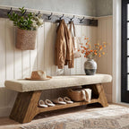 Tribesigns 55" Solid Wood Bench with Cushion and Shoe Storage, 2-Tier Upholstered Entryway Bench Farmhouse Entry Way Bench for Bedroom, Hallway, Natural Wood
