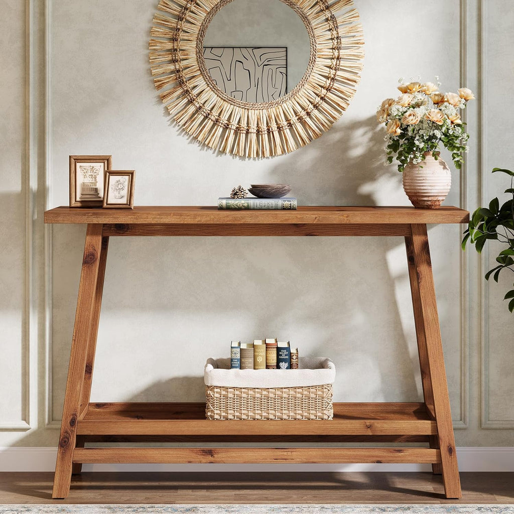 41.3" Farmhouse Console Table, Solid Wood Entryway Table with Storage Shelf, 2 Tiers of Narrow Behind Couch Sofa Furniture for Living Room, Hallway, Foyer, Easy Assembly