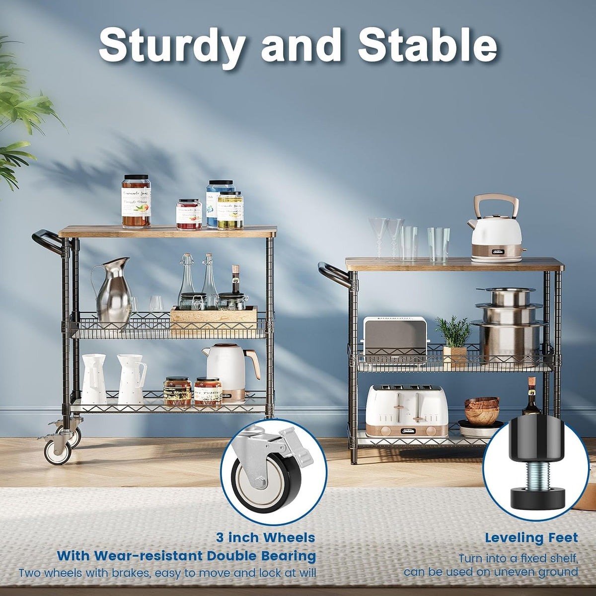 Rolling Kitchen Carts with Wheels, 3-Tier Utility Cart with Wood Tabletop