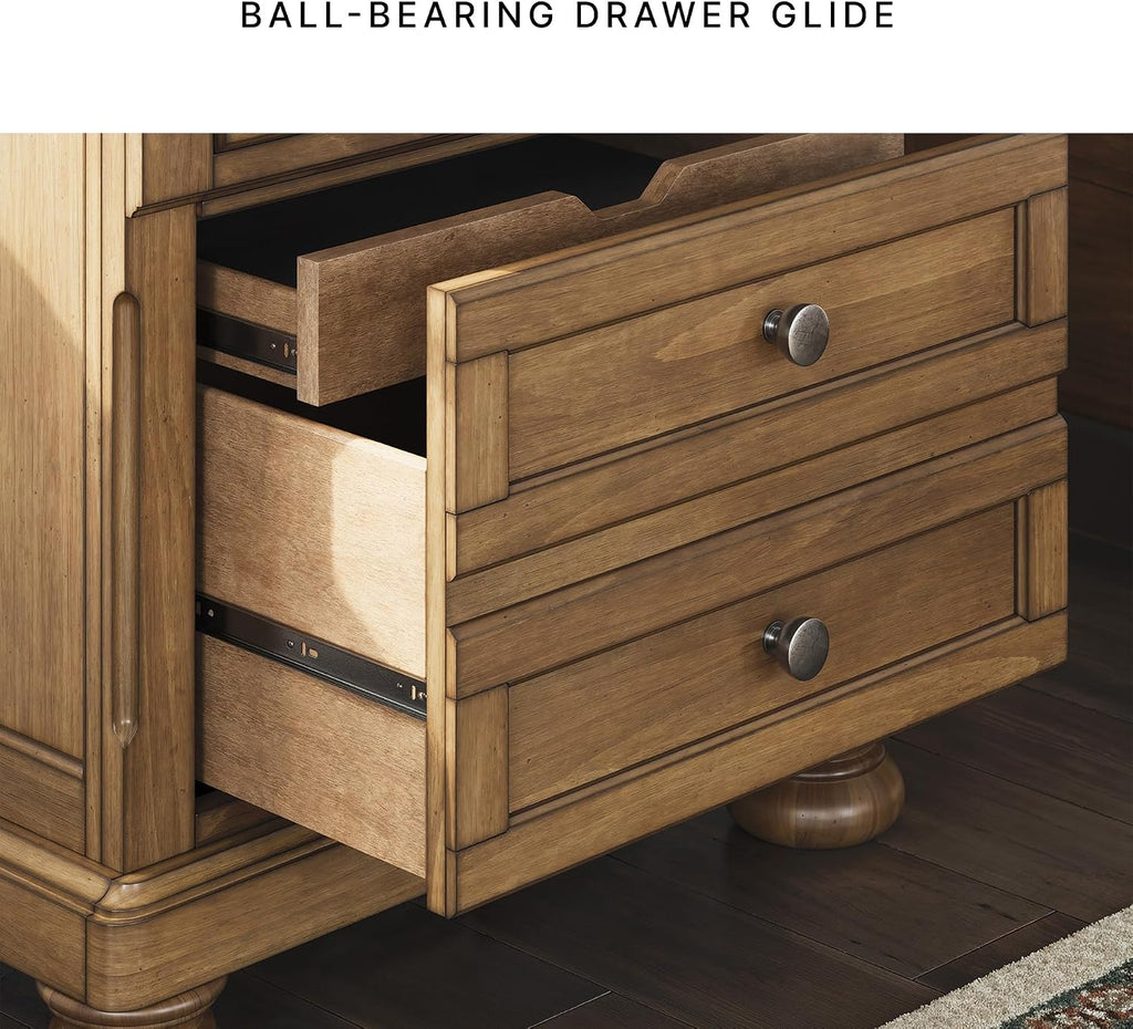 Signature Design by Ashley 2-Drawer Wood Nightstand, Chestnut Brown | Poplar solids, Pine veneer and MDF substrate, 30 in height, English dovetail construction, Hidden tray, Glarrison Series