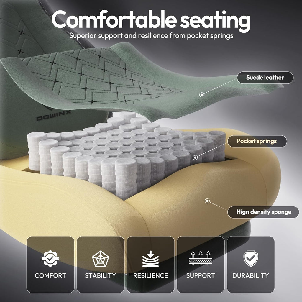 Dowinx Gaming Chair with Heated Massage Lumbar Support,Big and Tall Fabric Gaming Chairs for Adults with Footrest, Ergonomic Computer Game Chair with Poket Spring Cushions, 350lbs, Green