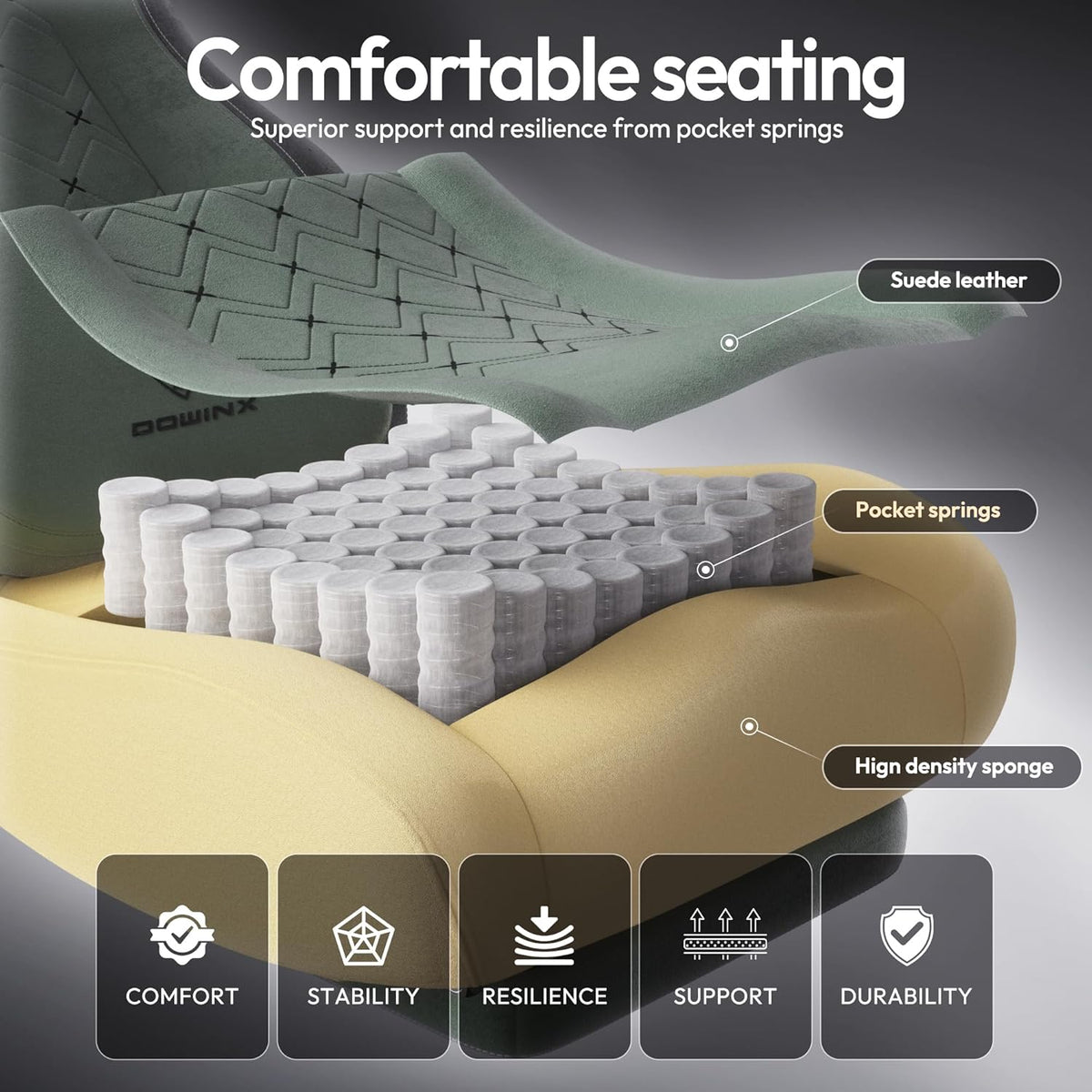Dowinx Gaming Chair with Heated Massage Lumbar Support,Big and Tall Fabric Gaming Chairs for Adults with Footrest, Ergonomic Computer Game Chair with Poket Spring Cushions, 350lbs, Green