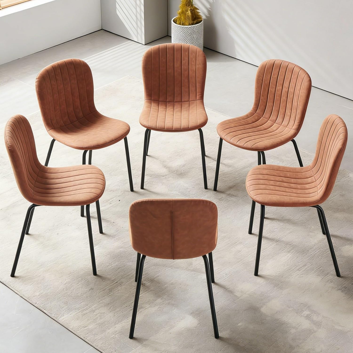 Small Dining Chairs Set of 6, Modern Mid Century Faux Leather Dining Room Chairs with Black Metal Legs, Kitchen Home Living Room Restaurant Apartment, Space-Saving, Brown