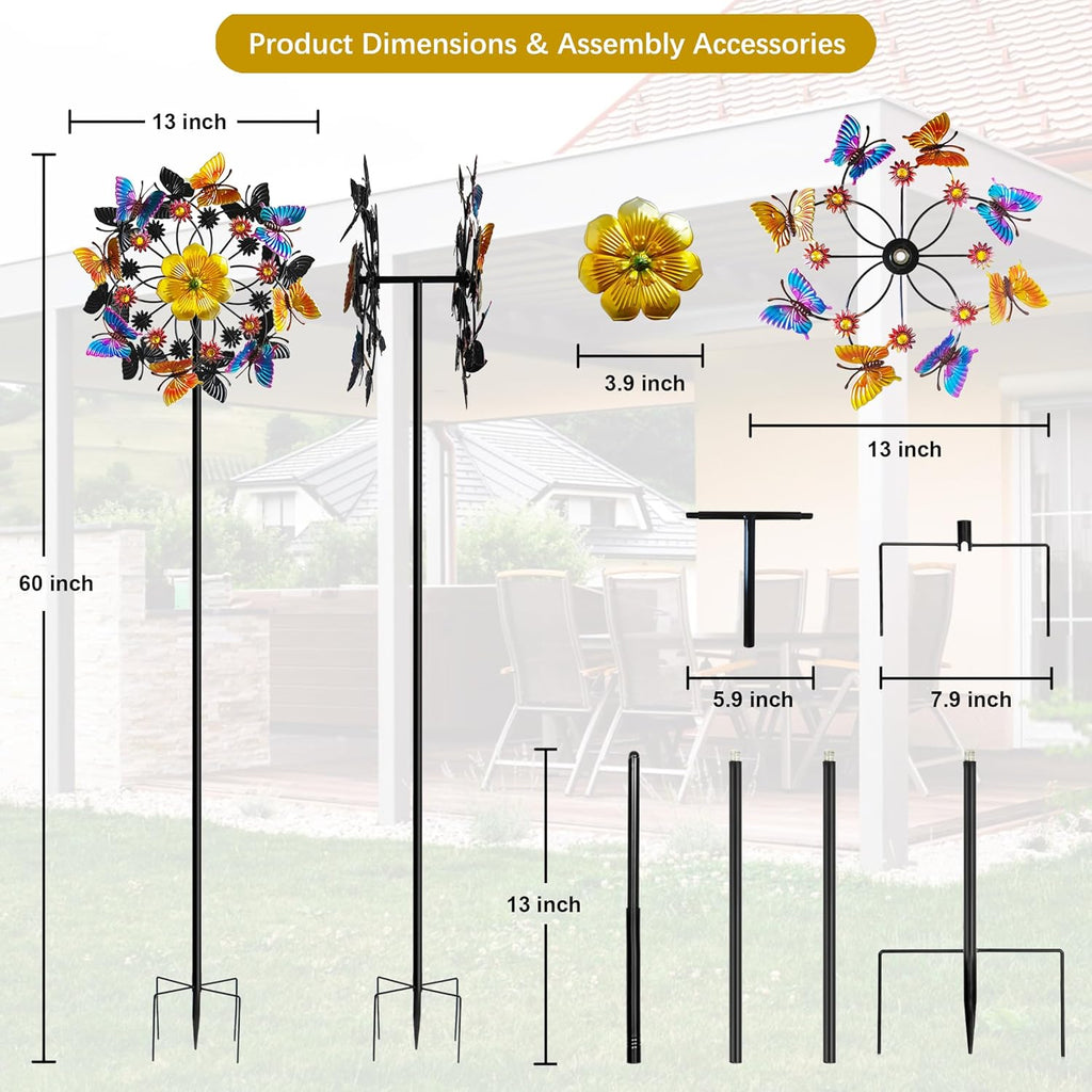 Double Blade Butterfly Wind Spinners, Outdoor Garden 360° Swivel Spinners 50 inch Garden Stakes Decor, Metal Flower Pinwheels for Yard and Lawn