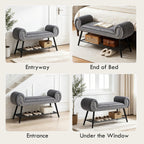45" Velvet Entryway Bench with Shoe Storage Shelf, Grey | Upholstered bench with rolled arms, nailhead trim, padded seat and metal shelf for shoes, 1 seater, for hallway or bedroom