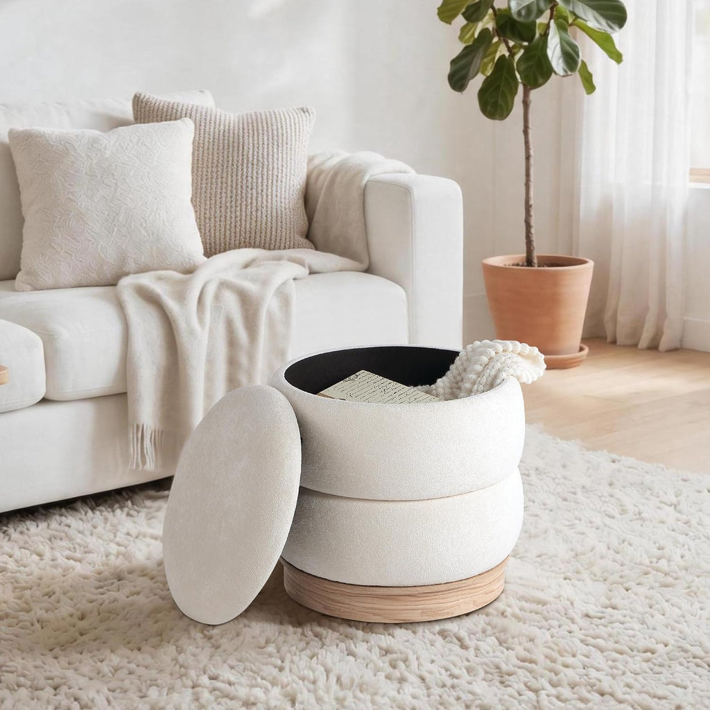 Get Set Style Round Ottoman with Wooden Base, Storage Vanity Stool for Makeup, Upholstered Footrest Stool Ottoman Foot Stool for Living Room, Bedroom