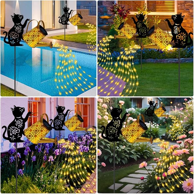 Solar Lights Outdoor Decorative, Watering Can with Cascading Lights, with Cat Silhouette Garden Stakes, Waterproof Metal Garden Decor for Yard Art, Outside, Patio, Lawn Ornaments