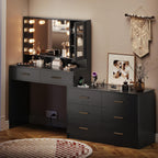 Makeup Desk with Drawers & Cabinet & Dresser, Black Vanity Table with Drawer Dresser, Large Vanity Table with 8 Drawers, Vanity Desk with Large Mirror and 3-Color Lights for Girls, Dressing Table 59"