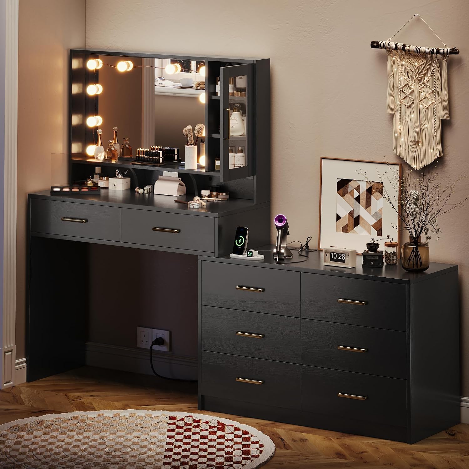 Makeup Desk with Drawers & Cabinet & Dresser, Black Vanity Table with Drawer Dresser, Large Vanity Table with 8 Drawers, Vanity Desk with Large Mirror and 3-Color Lights for Girls, Dressing Table 59"