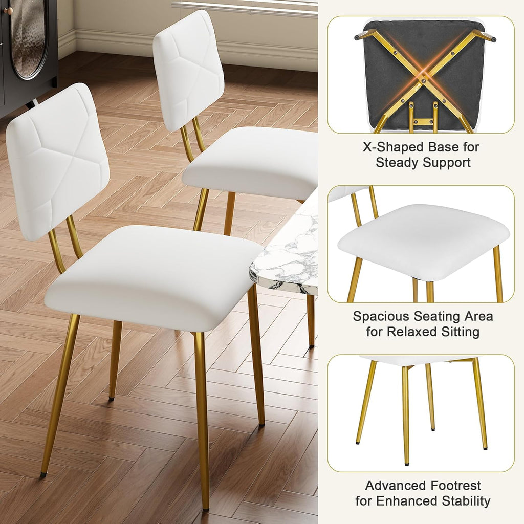 VECELO Dining Chairs Set of 4, Modern Upholstered Kitchen Chairs with Faux Leather Cushion Seat & Metal Legs for Kitchen, Living Room, Tufted Backrest Design, White