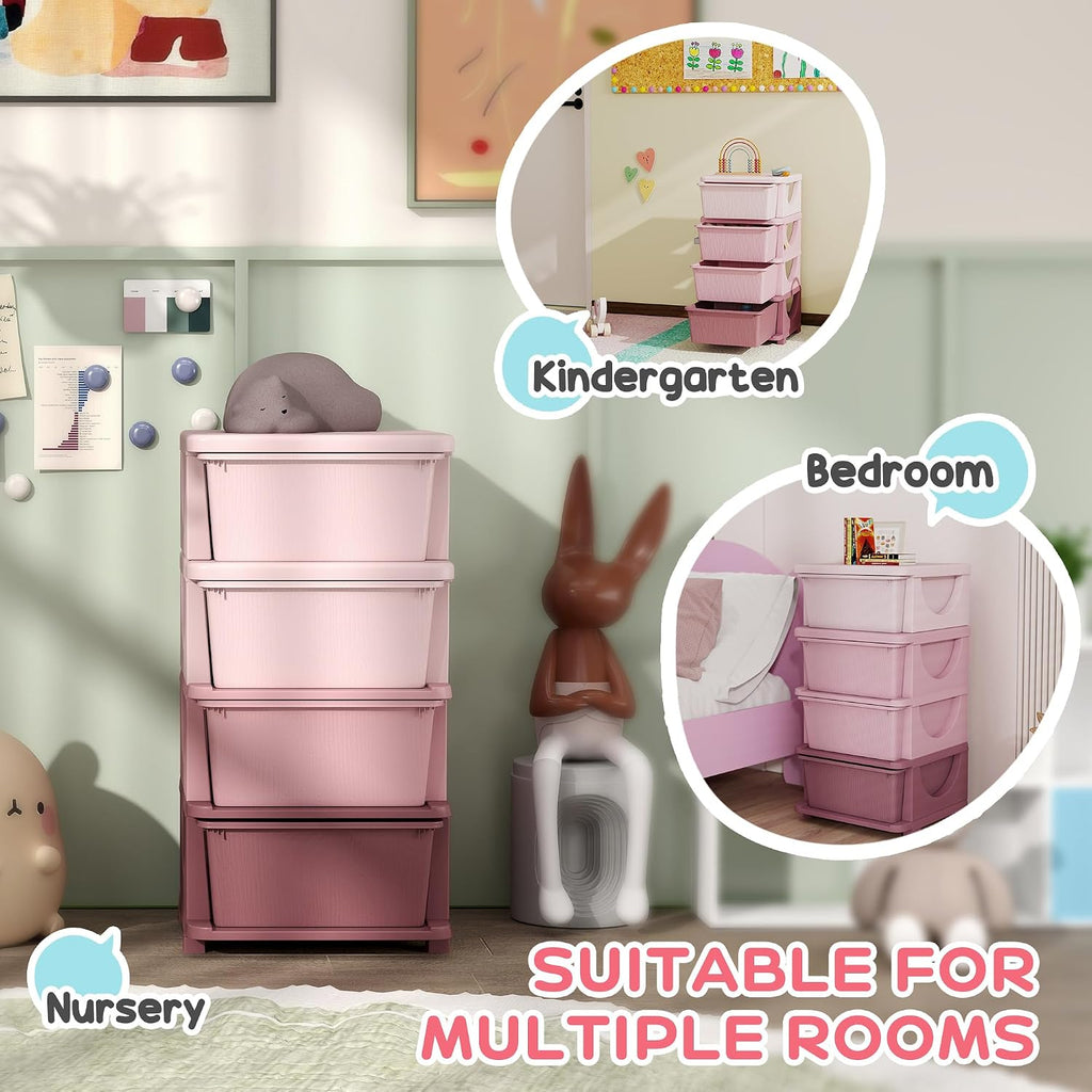 Qaba 4 Drawers Kids Storage Unit 4 Tier Toy Organizers Pink | Stackable Storage Chest, Bedroom, Nursery, Playroom, Living Room, Boys, Girls, Toddlers