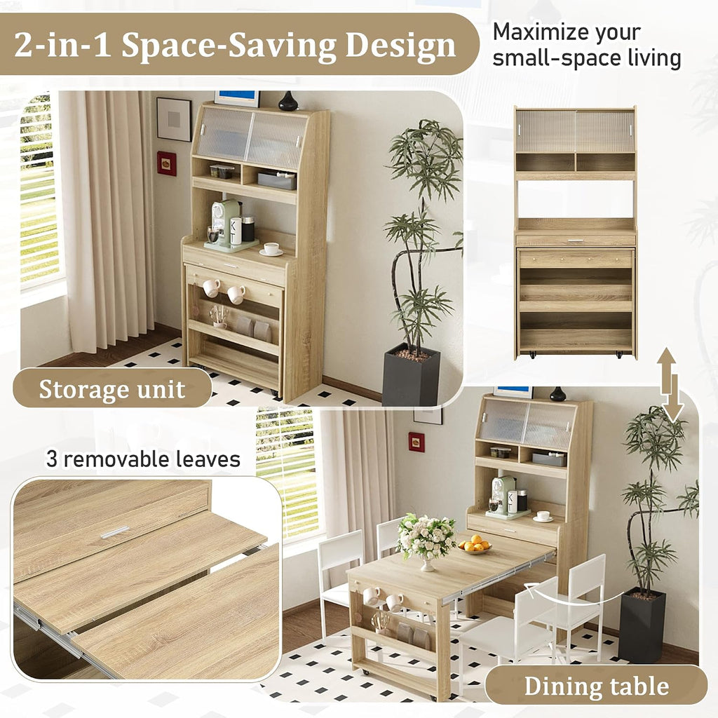 JIJIWANG Compact 33.5x15.7x69inch Buffet with Hutch and Foldable Dining Table, Multifunctional Cupboard with Storage Shelf and Side Hooks for Small Places (Natural Oak, 66.1" L x 31.5" W x 69" H)
