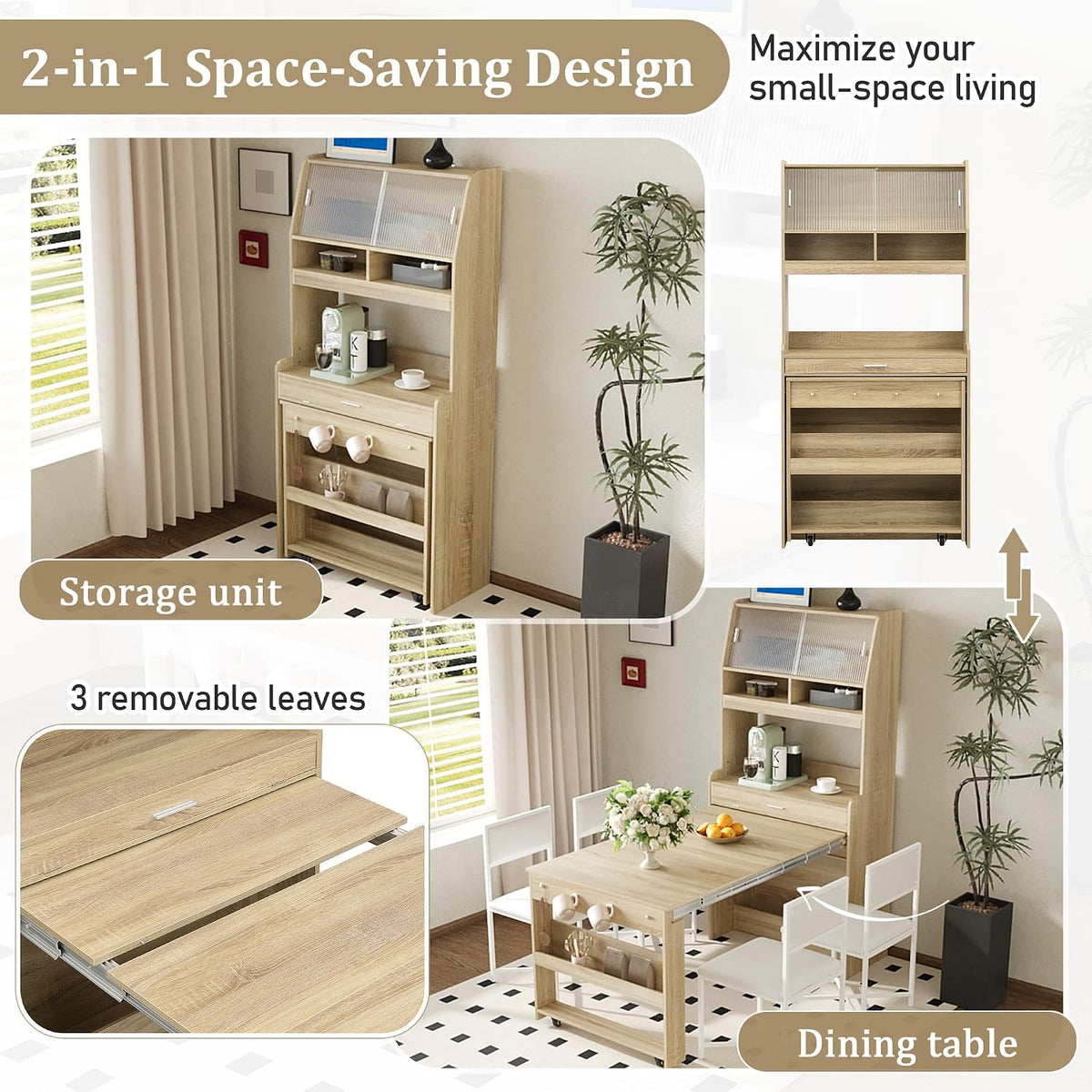 JIJIWANG Compact 33.5x15.7x69inch Buffet with Hutch and Foldable Dining Table, Multifunctional Cupboard with Storage Shelf and Side Hooks for Small Places (Natural Oak, 66.1" L x 31.5" W x 69" H)