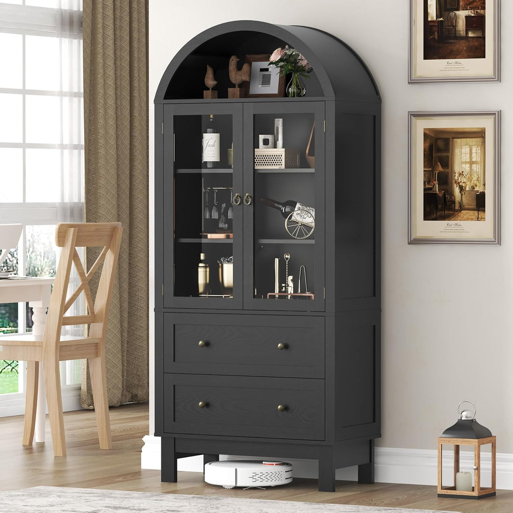 Arched Cabinet with Glass Doors, 71" Tall Freestanding Pantry Cabinet with 2 Large Drawers and Adjustable Shelf, Farmhouse Wood Storage Cabinets, Versatile Cupboard for Kitchen, Dining Room, Black