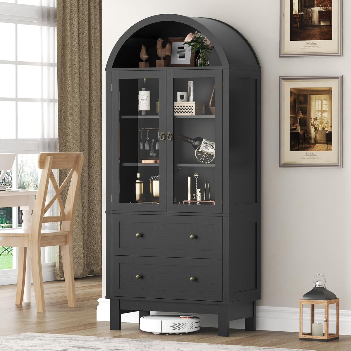 Arched Cabinet with Glass Doors, 71" Tall Freestanding Pantry Cabinet with 2 Large Drawers and Adjustable Shelf, Farmhouse Wood Storage Cabinets, Versatile Cupboard for Kitchen, Dining Room, Black