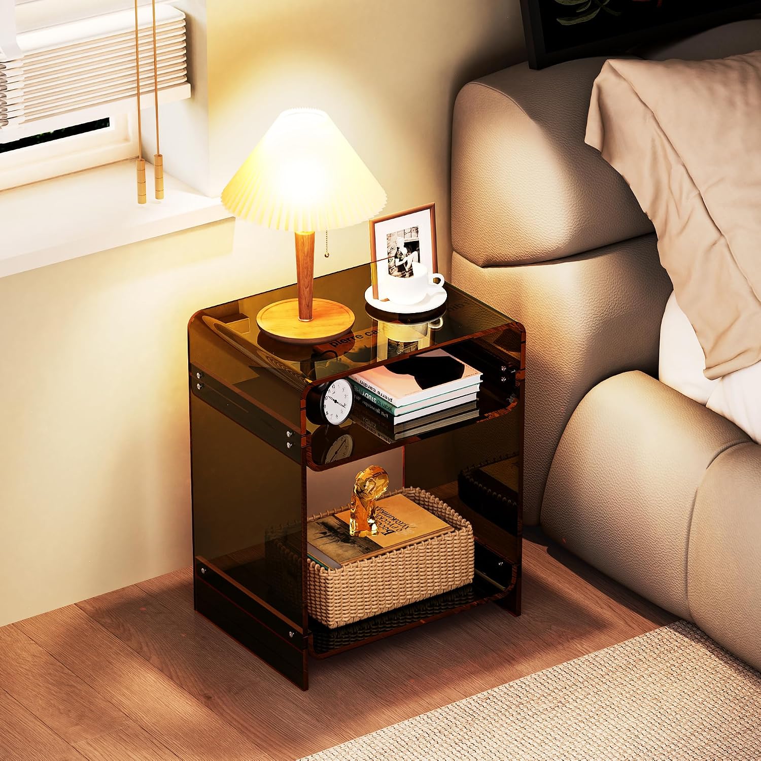 Acrylic End Table Record Player Table with Storage Shelf Clear Side Table Nightstand (Dark Brown)