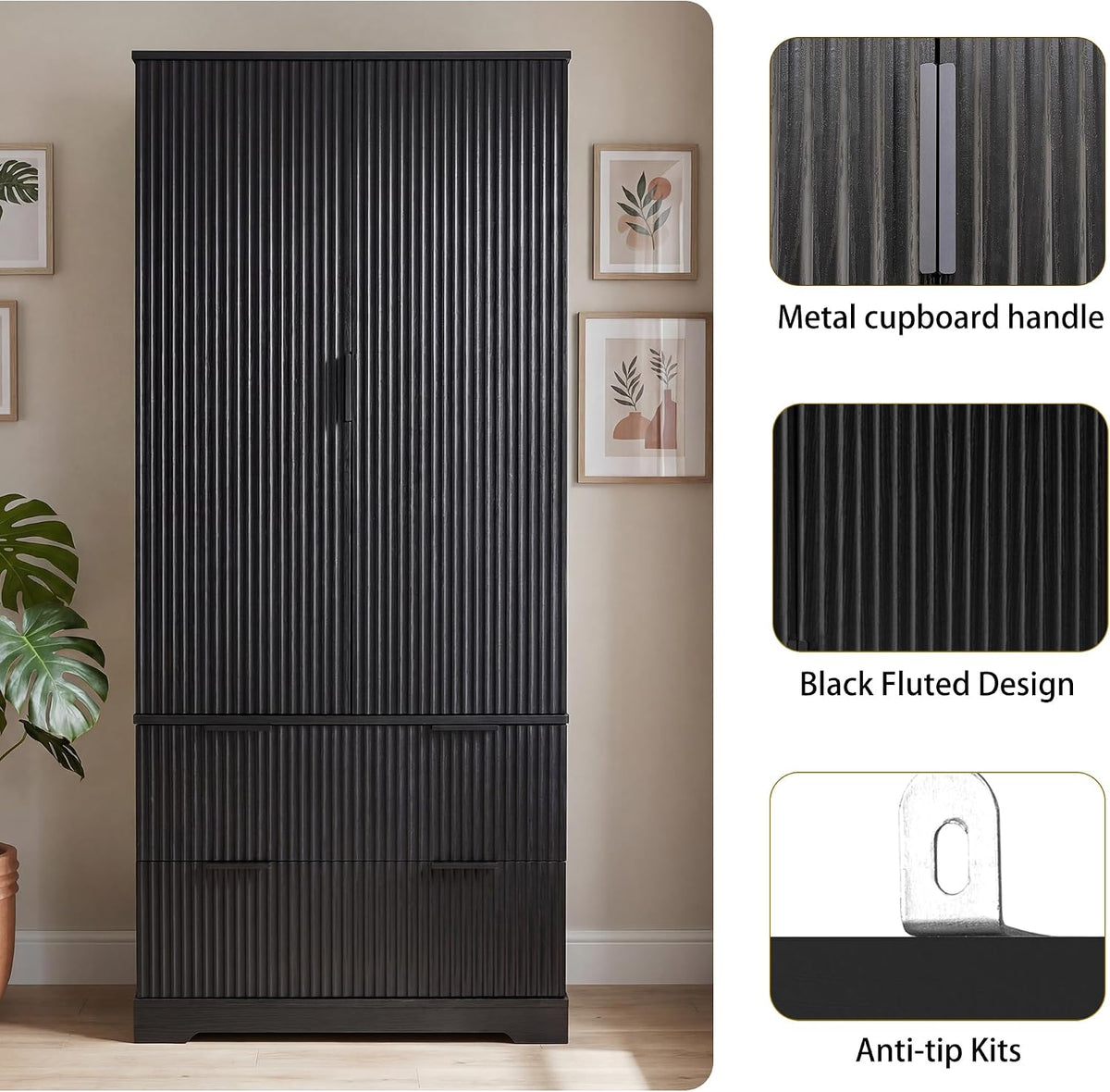Polibi 72" Fluted Kitchen Pantry Cabinet with Drawers & 3 Shelves,Black | 8 Built-In Door Spice Racks. Sturdy MDF,Freestanding Storage Organizer for Kitchen Dining Room