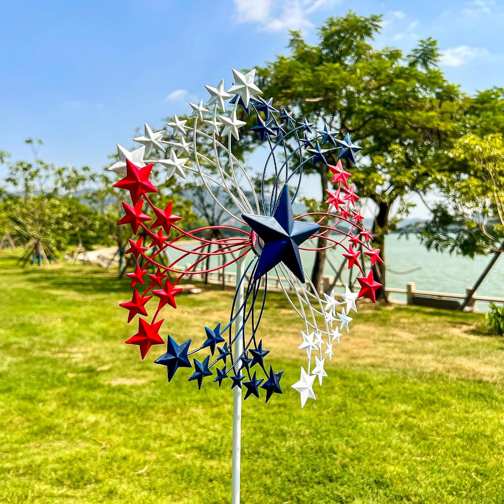 47.3” Red White & Blue Patriotic Wind Spinner – Star Design American Flag Spinner Outdoor – Metal Garden Spinners for Yard, Lawn & Patio Decor