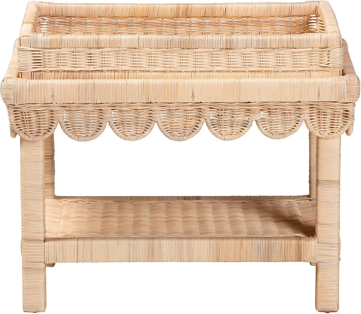 Bali & pari Weyman Scalloped Rattan End Table with Removable Tray Top - Handwoven Rattan Accent Table with Shelf, Coastal Boho Style Side Table for Living Room or Bedroom