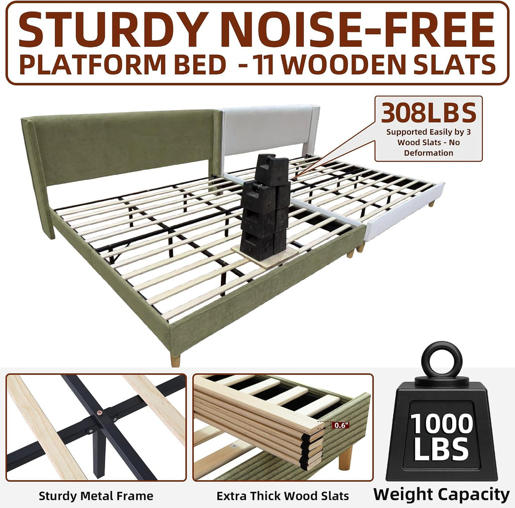 King Corduroy Upholstered Platform Bed with Headboard Wingback, Turtle