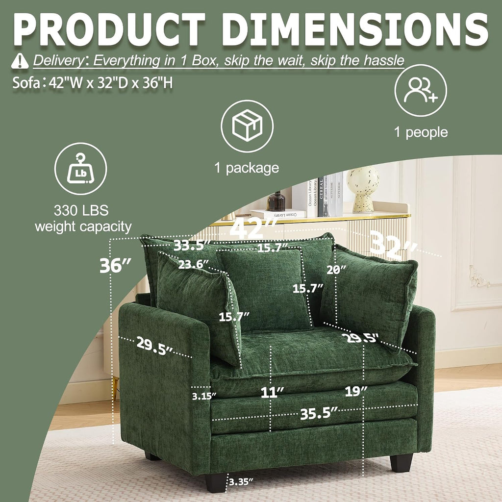 42" Modular Sectional Sofa, Cloud Couch Single-Seat Accent Chair | Comfy Chenille Deep Seat Sofa with Throw Pillow, Single Seat Modern Couches for Living Room Bedroom Apartment, Green, 42"
