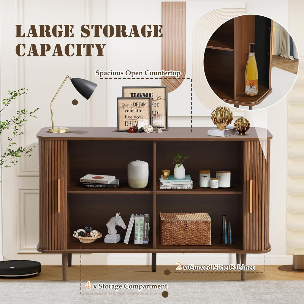 47" Fluted Buffet Cabinet with Tambour Sliding Doors, Modern Sideboard Buffer Cabinets with Storage & Adjustable Shelves, Mid Century Credenza Accent Cabinet for Living Room Entryway (Brown)